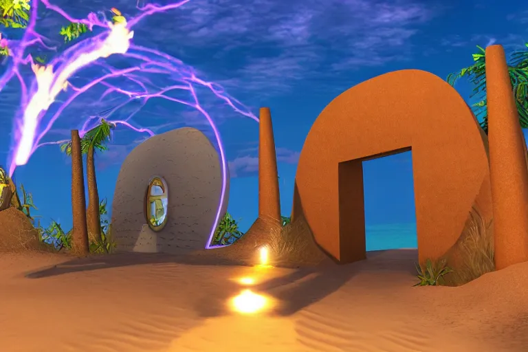 Image similar to a magical glowing portal in the middle of a city that leads to a beach, through the portal you can see a beach, portal game, realistic