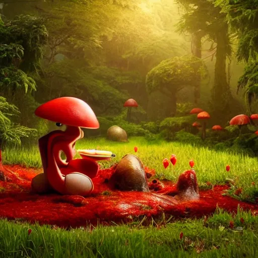 Prompt: beautiful cinematography of a cute fury monster eating lunch sitting on a red mushroom in a fantasy forest with living trees, in the style of a Pixar movie, wide shot, sharp and detailed, Octane render, raytracing, volumetric lighting