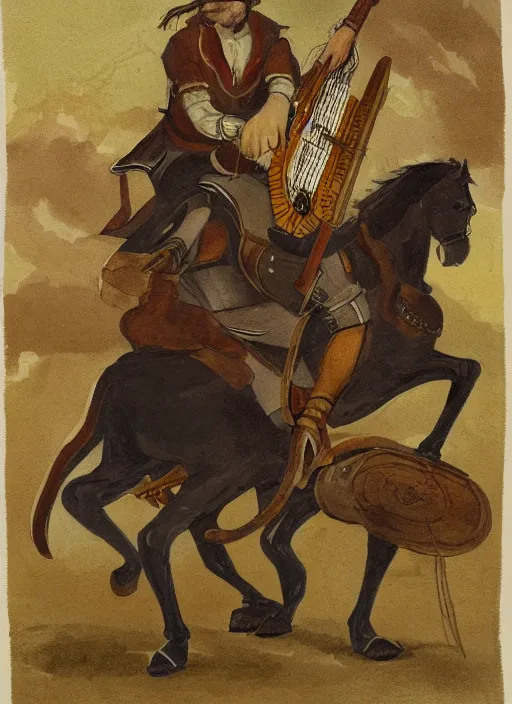 Image similar to illustration of gordan freeman as a bard, playing a lyre and riding a horse by greg rutkowki, bayard wu