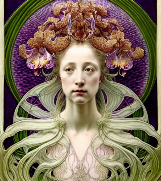 Prompt: beautiful orchid fairy detailed realistic porcelain face portrait by jean delville, gustave dore, iris van herpen and alphonse mucha, art forms of nature by ernst haeckel, art nouveau, symbolist, visionary, gothic, neo - gothic, pre - raphaelite, fractal lace, intricate alien botanical biodiversity, surreality, hyperdetailed ultrasharp octane render