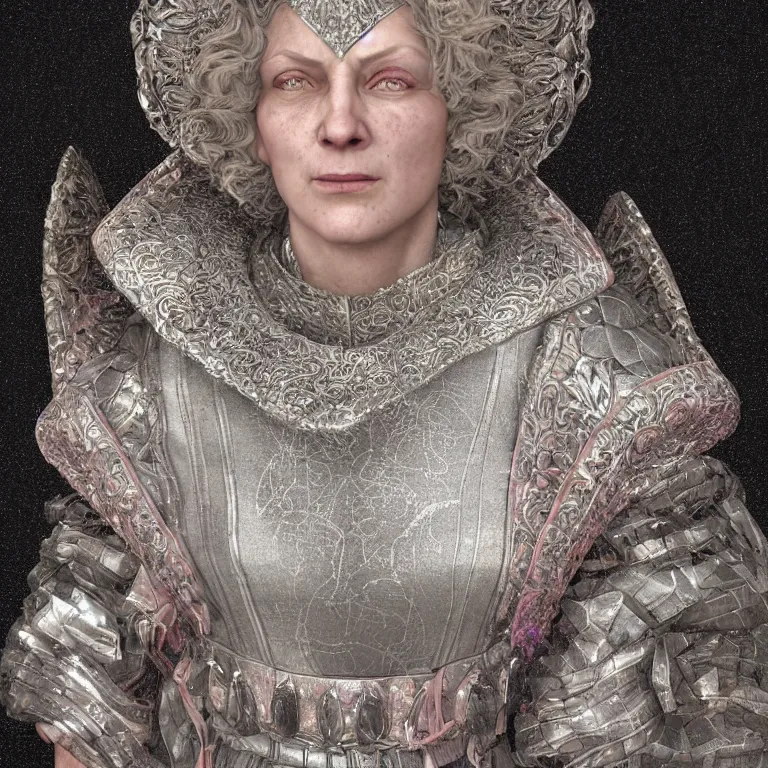 Prompt: octane render portrait by wayne barlow and carlo crivelli and glenn fabry, a 1 4 th century woman in a dramatic period dress with a giant iridescent silver shakespeare style collar, cinema 4 d, ray traced lighting, very short depth of field, bokeh