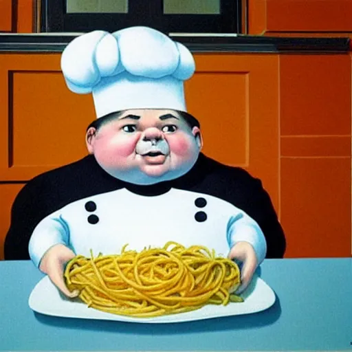 Image similar to a very fat chef offers you pasta by Raphael, Hopper, and Rene Magritte. detailed, romantic, enchanting, trending on artstation.