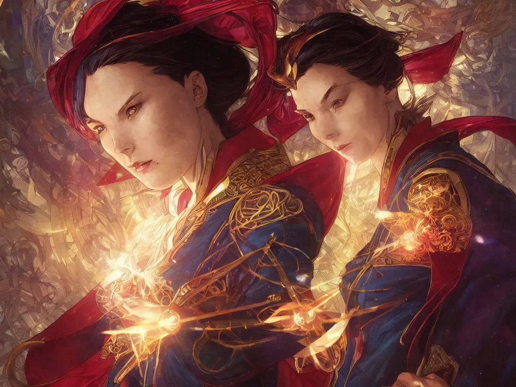 Image similar to anime key visual of a beautiful female doctor strange, marvel comics, spells, magic, intricate, magical village, stunning, highly detailed, digital painting, artstation, smooth, hard focus, illustration, art by artgerm and greg rutkowski and alphonse mucha