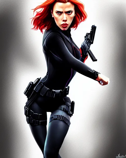 Image similar to Scarlett Johansson Black Widow, full body action pose, highly detailed, digital painting, artstation, concept art, smooth, sharp focus, illustration