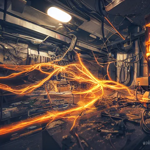 Image similar to overcharging blender, tangles of metallic cables, dark messy smoke - filled cluttered workshop, dark, dramatic lighting, orange tint, sparks, plasma charges, cinematic, highly detailed, sci - fi, futuristic, movie still