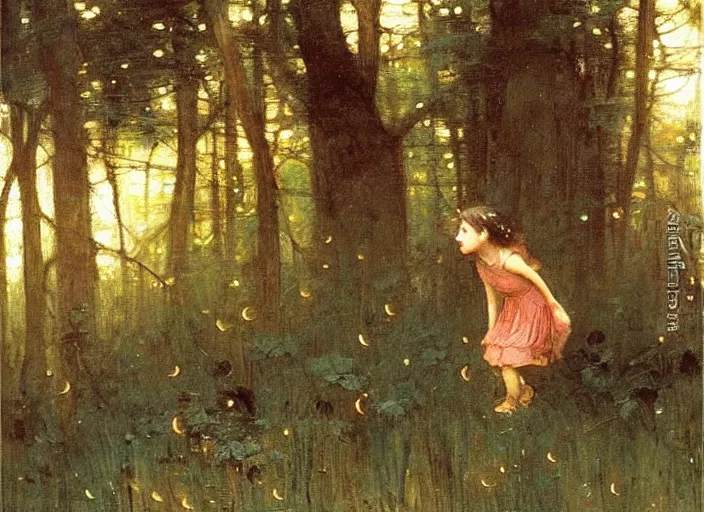 Prompt: a little girl with short curly light brown hair chasing fireflies in a forest, beautiful painting by John William Waterhouse