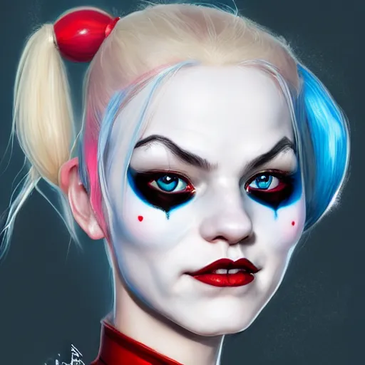 Image similar to facial portrait of a pretty harley quinn, character concept art, headshot, charlie bowater, anna dittmann, wlop, rumiko takahashi, akihiko yoshida, hyung - tae kim, alexander mcqueen, trending on artstation