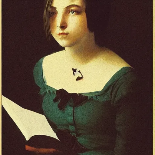 Prompt: a girl reading, old vintage colored photo by ingres, by hayez, strong lights, flat colors, pastel colors, eerie, nostalgic