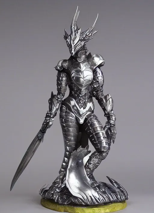 Image similar to 80mm, resin detailed model figure of a female wearing a silver dragon armor