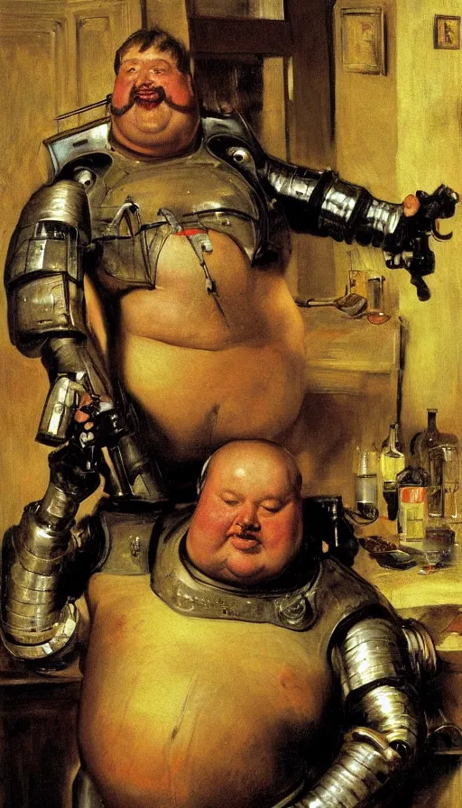 Image similar to upper body portrait of a fat armoured cyborg in an english country pub, by normal rockwell and greg staples and john singer sargent