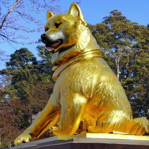 Image similar to A golden statue of an akita ken, shiny, flowers, royal, temple, holy