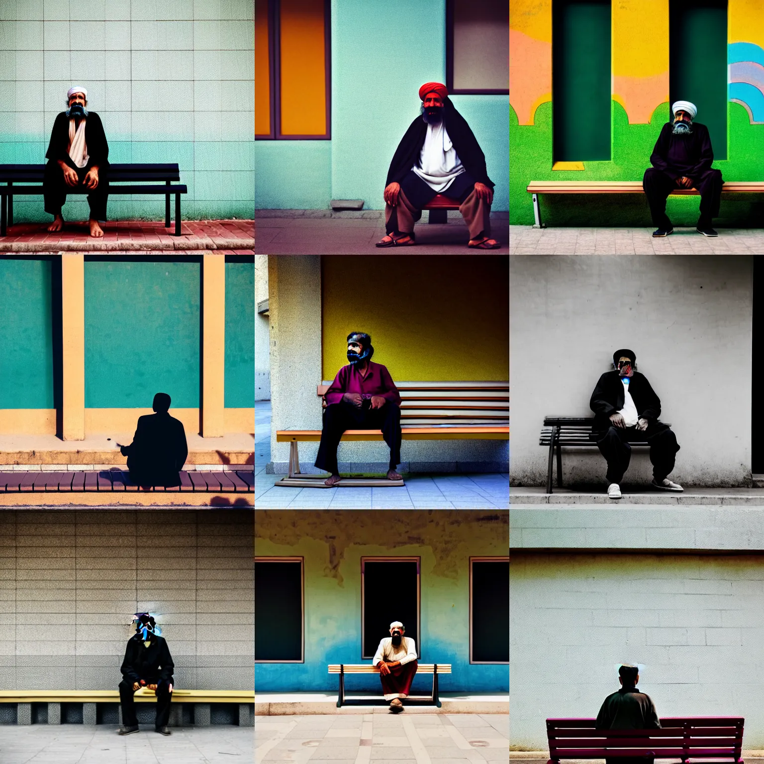 Image similar to a man sitting on a bench in front of a building, a character portrait by kamal ud - din behzad, featured on unsplash, neo - primitivism, matte photo, photo taken with ektachrome, studio portrait