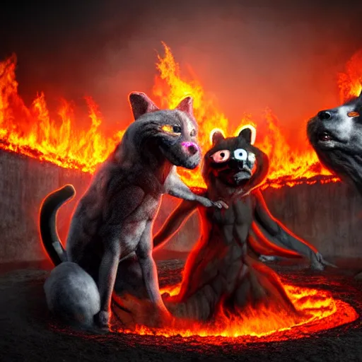 Image similar to the burning pits of hell and the tortured souls are dressed as furries, 4 k, hyper realistic, dslr, high resolution, landscape, beautiful