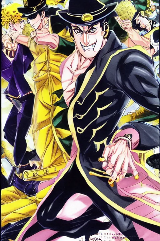 Image similar to manga cover, jotaro vs dio, art by hirohiko araki, vogue outfit, dynamic pose, action pose, muscular, manga one panel page