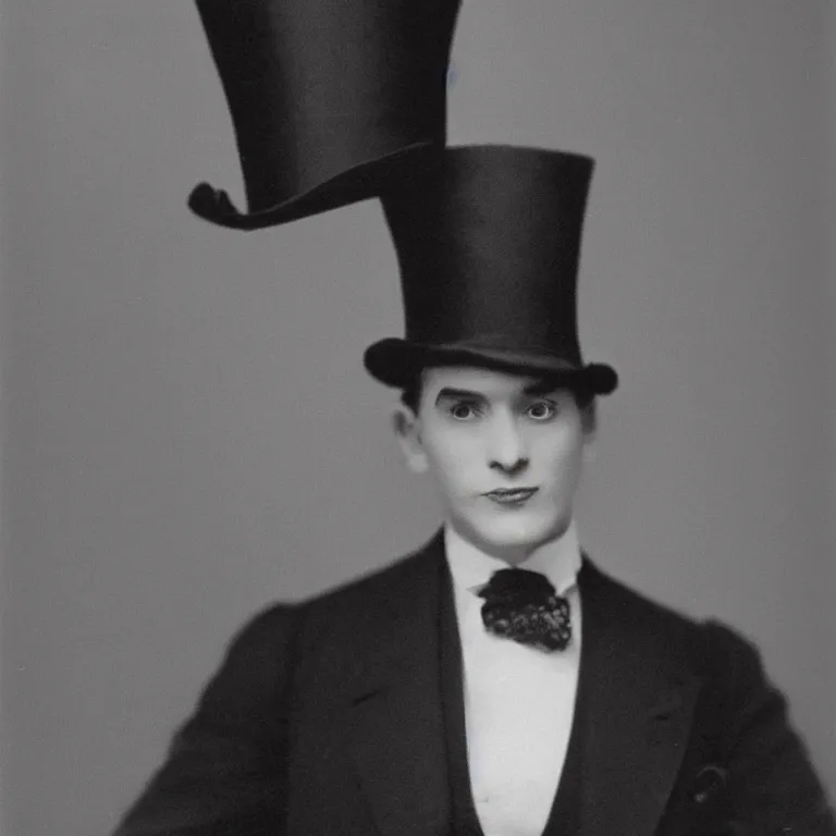 Image similar to A young man in a top hat in an elegant black suit has a cryptic smile on his face