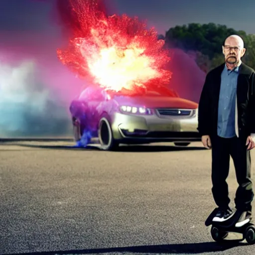 Prompt: photo of walter white standing on a hoverboard with an exploding car behind him, color, cinematic lighting