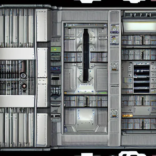 Prompt: Cross section of the spaceship Von Braun from the computer game System shock 2