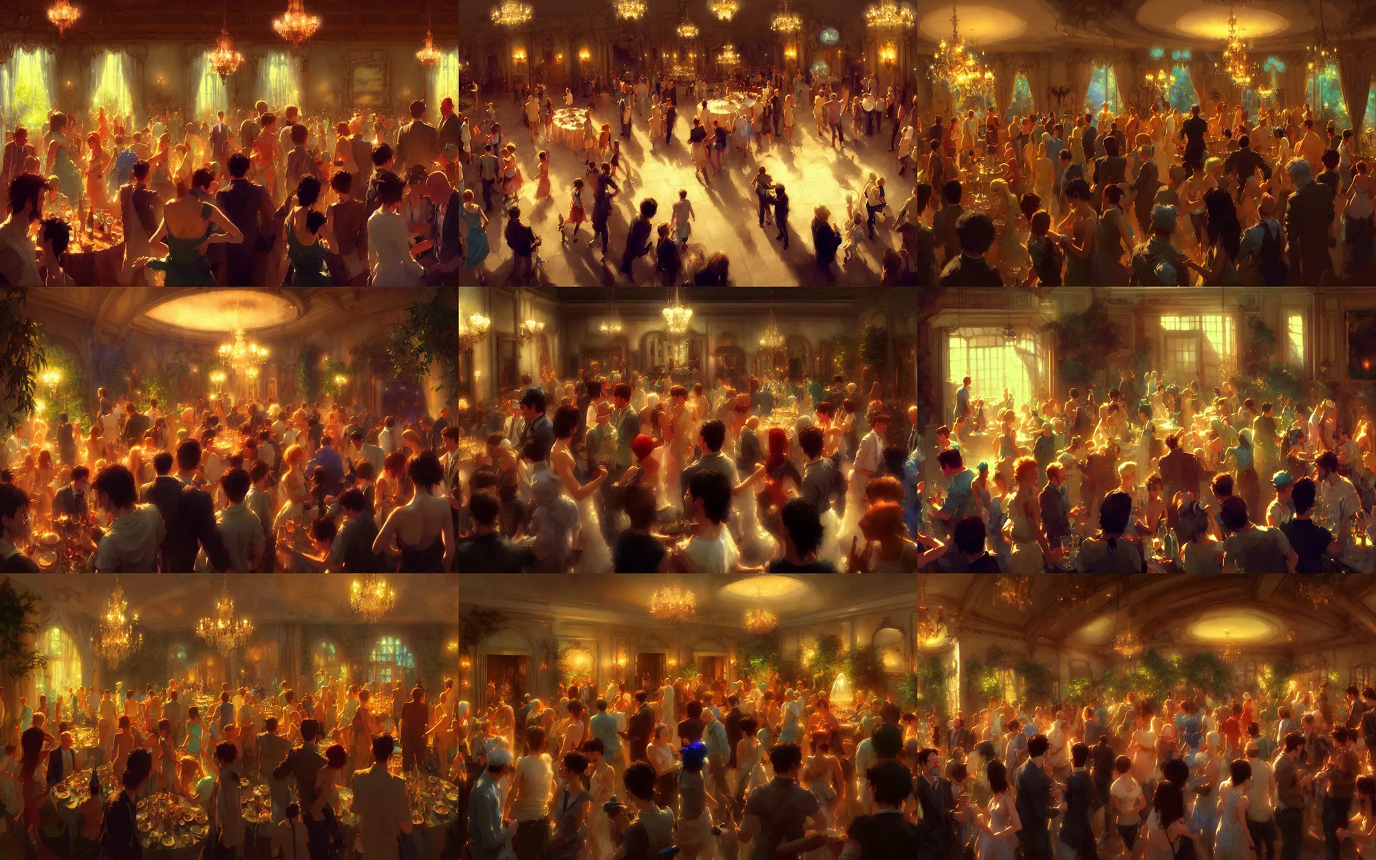 Prompt: craig mullins and ghibli and james gurney detailed digital painting of a party in a beautiful mansion, many partygoers, strong contrast, unreal engine, hyper realism, realistic shading, cinematic composition, realistic render, octane render, detailed textures, photorealistic, very wide shot