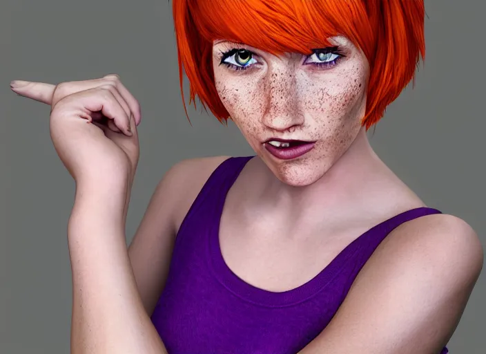 Prompt: portrait Girl with orange hair and freckles, purple background, cute-fine-face, pretty face, realistic shaded Perfect face, fine details. realistic shaded lighting by David Belliveau,