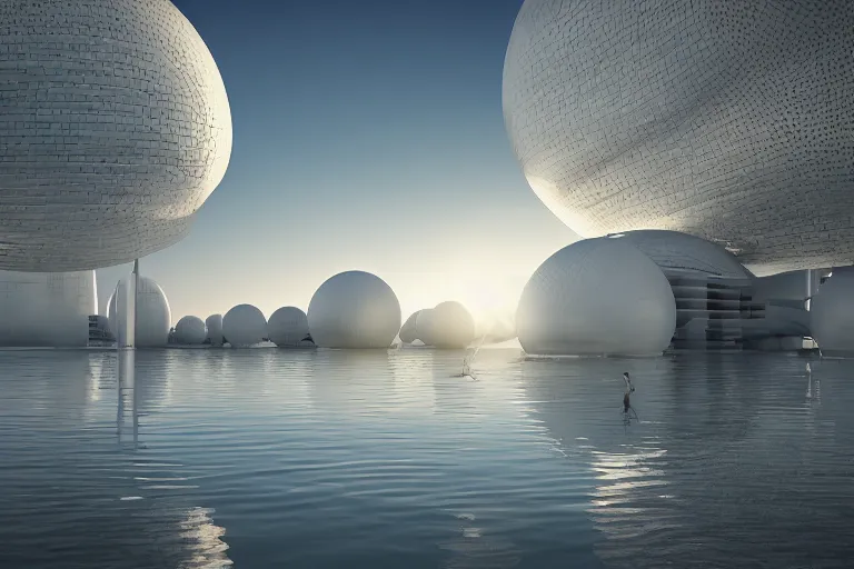 Image similar to many white round spherical buildings, it depends on each other to form a modern science fiction building ， by pierre bernard, on the calm lake, people's perspective, future, interior wood, dusk, unreal engine highly rendered, global illumination, radial light, internal environment