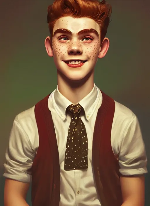 Image similar to portrait of teenage archie andrews, freckles, curly middle part haircut, curly hair, smiling kindly, friendly, 1 9 5 0 s, intricate, elegant, glowing lights, highly detailed, digital painting, artstation, concept art, smooth, sharp focus, illustration, art by wlop, mars ravelo and greg rutkowski