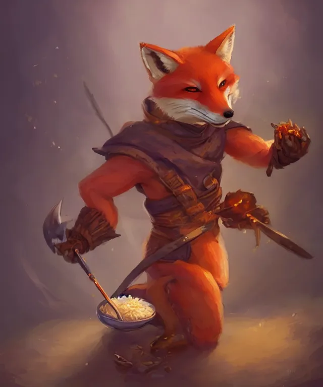 Image similar to a portrait of an anthropomorphic ninja fox eating a rice ball, ninja outfit, landscape background, cute and adorable, dnd character art portrait, well rendered matte fantasy painting, deviantart artstation, by jason felix by steve argyle by tyler jacobson by peter mohrbacher, cinematic lighting