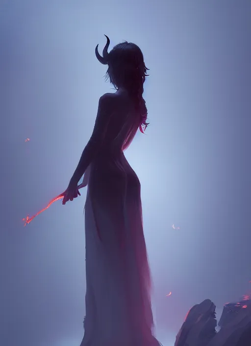 Prompt: satan daughter wearing gown, full body, pyromancer, intricate, elegant, highly detailed, digital painting, artstation, concept art, smooth, sharp focus, illustration, ethereal, misty, by ilya kuvshinov and jeremy mann, 8 k, octane render