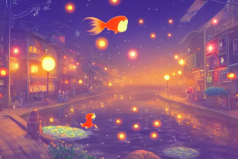 Image similar to fantasy art of glowing goldfish swimming in the air, in the streets of a japanese town at night, with people watching in wonder, by hayao miyazaki in the style of ponyo, highly detailed digital art, trending on artstation