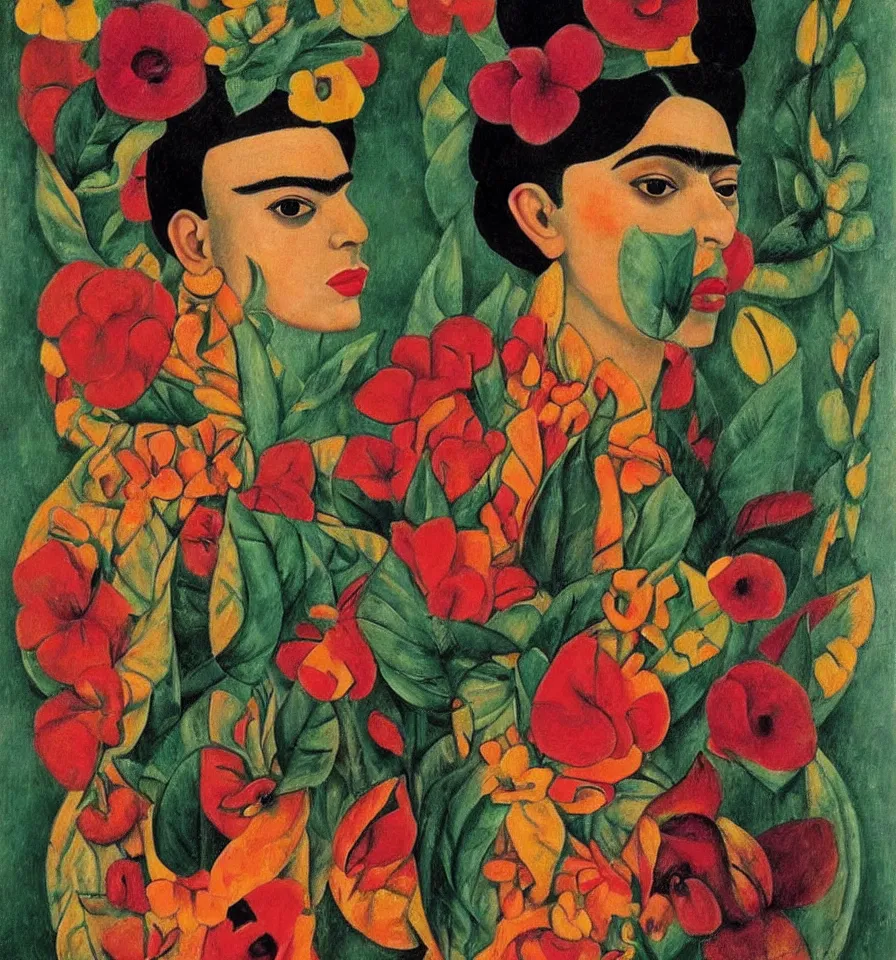 Image similar to a female elf transforming into a flower frida kahlo and alexej von jawlensky