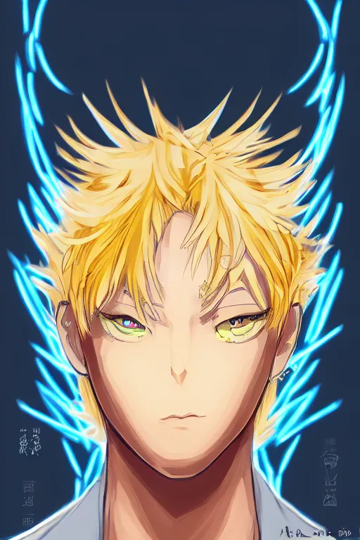 Image similar to golden glowing luminescent male anime character, blonde hair, rich eyes, symmetrical, highly detailed, digital art, sharp focus, trending on art station, afro hair, electricity everywhere