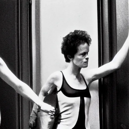 Image similar to detailed still of Ripley-Sigourney Weaver wearing a white singlet and cat Jonesy moving apartment New York City 1983, gothic building entrance way Art Deco, cinematic feel, high octane