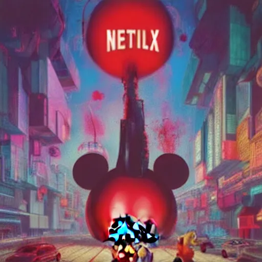 Image similar to a group of people around a giant giant mickey mouse head with blood, netflix logo, cyberpunk art by david lachapelle, cgsociety, dystopian art by industrial light and magic, concept art, neons, interior
