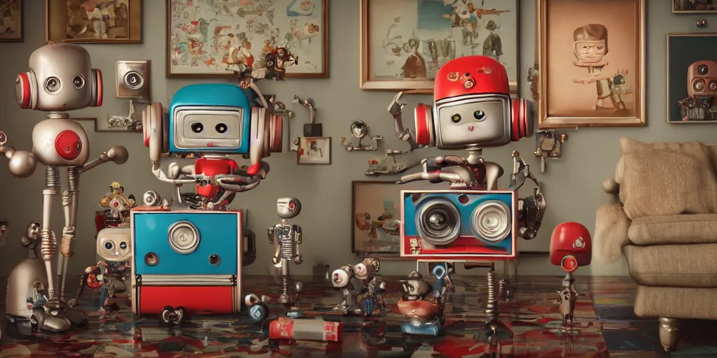 Prompt: closeup portrait of tin toy retro living room of robot family, depth of field, zeiss lens, detailed, centered, fashion photoshoot, by nicoletta ceccoli, mark ryden, lostfish, breathtaking, 8 k resolution, extremely detailed, beautiful, establishing shot, artistic, hyperrealistic, octane render, - h 8 0 4
