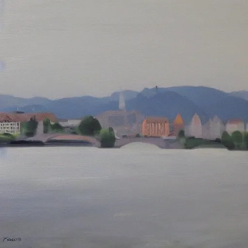 Image similar to very abstract painting of the rhine in basel, very rough brush strokes, oil on canvas, muted greyscale colors, great composition