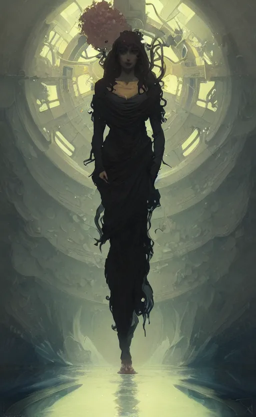 Image similar to a personification of the abyss, highly detailed, digital painting, artstation, concept art, sharp focus, illustration, art by greg rutkowski and alphonse mucha