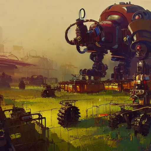 Prompt: dieselpunk concept art of a humble farm with robots and mechas working on it, grimy, gritty, dieselpunk trending on artstation, award winning painting, cgi, art by john berkey and anton fadeev and john howe and simon stalenhag