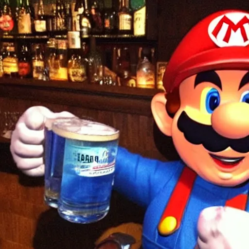 Image similar to super mario chugging a beer and getting drunk at a bar with the boys