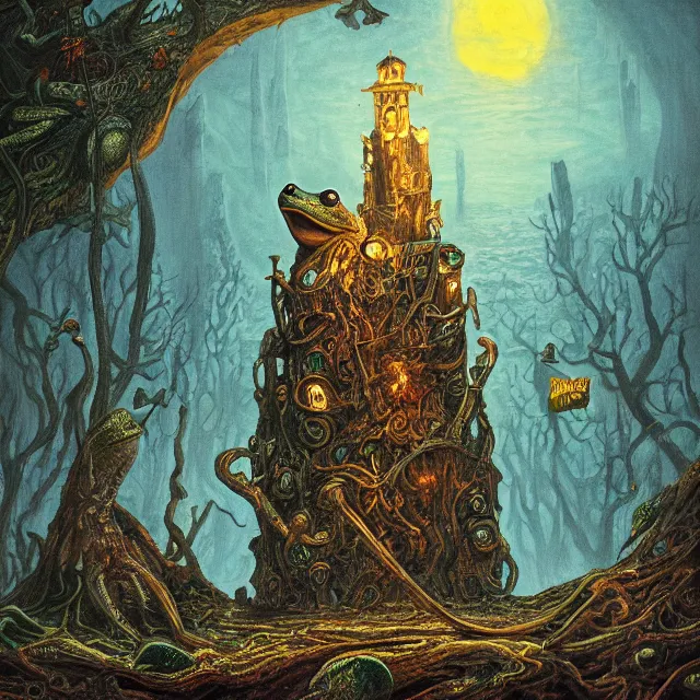 Image similar to a painting of the kings of frog island by johfra bosschart, dark fantasy art, high detail, trending on artstation