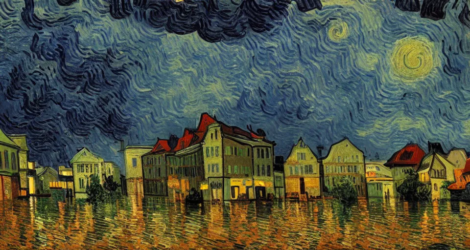 Prompt: dramatic landscape art of a german town being flooded during a thunderstorm, background art, concept art, dramatic lighting, trending on artstation, by Vincent Van Gogh