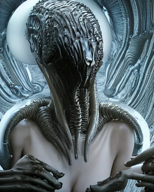 Image similar to cinematic full - body - shot still of kim kardashian being syphon fed by an xenomorph in a transparent alien liquid, wet flowing hair, gooey skin, illustration, unreal engine 5, 8 k, made by h. r. giger.