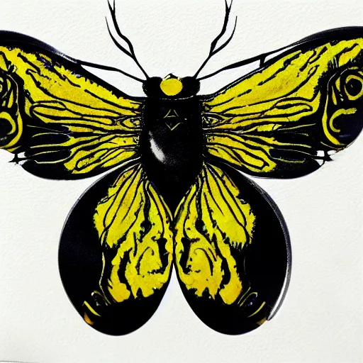 Image similar to alcohol ink, ink blott, rorschach test depicting deaths head moth in yellow and black, detailed, symmetrical