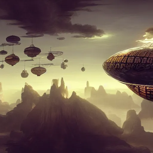 Image similar to enormous flying city in a faberge egg, sky, steampunk, fantasy art, masterpiece, hugh ferriss, unreal engine, peder balke, clouds background