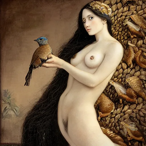 Image similar to highly detailed portrait of a beautiful cute girl with birds, endless black hair, with pale skin, fibonacci, fragile, sitted on an intricate stone throne by nicola samuri, by dino valls, m. w. kaluta, rule of thirds, seductive look, 4 k resolution