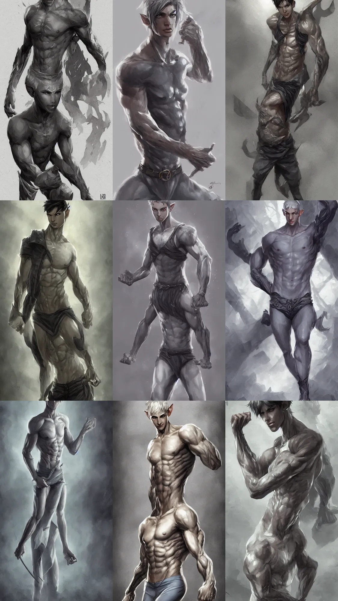 Image similar to a cute calm handsome young adult male muscular slim blu skin elf with grey light tight clothes concept art in the style of lee bermejo and greg rutkowski