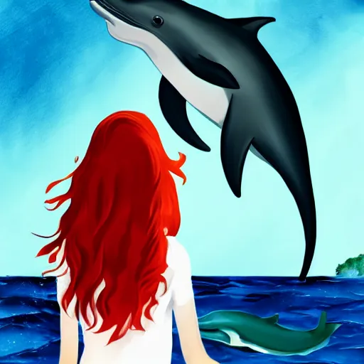 Image similar to a portrait of a red headed young woman hugging a dolphin in a scenic environment, by Kawacy