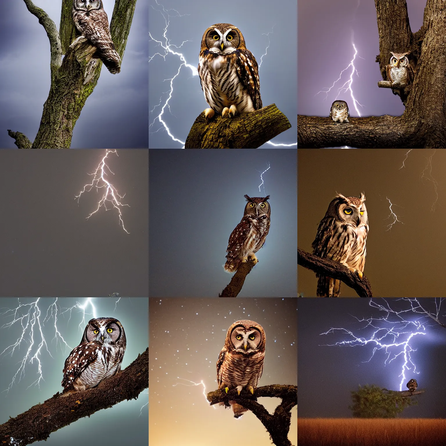 Prompt: owl sitting in a tree with a lightning storm in the background, photography, national geographic, award winning