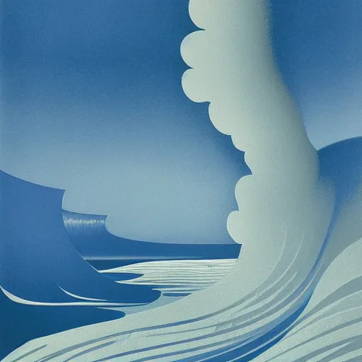 Image similar to waves crashing on the shore, by eyvind earle