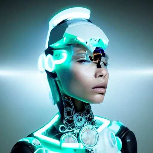 Prompt: beautiful Fine art photo of enraptured Zoe Kravitz as a solarpunk robotic goddess, white mechanical parts with led lights, photorealistic, centered, highly detailed and intricate, sun lighting, 8k