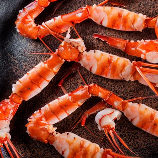 Prompt: macro photo of gourmet langoustines served on a pile of bleached dead coral