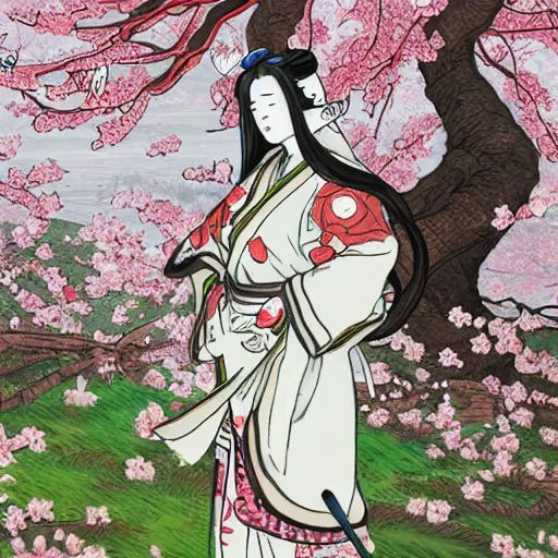 Prompt: a kitsune shrine maiden leaning against a sakura tree, highly detailed D&D character illustration